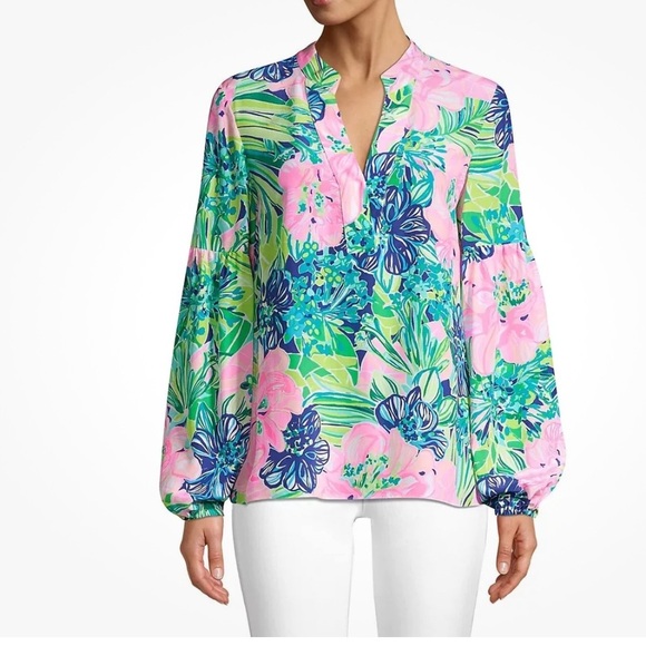 Lilly Pulitzer Shea Silk Tunic Top, Multi Island Escape XS - Picture 4 of 13